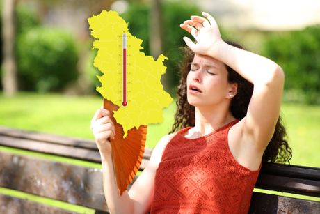 Sunce vrućina leto žena nesvestica žega lepeza Srbija termometar