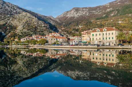 View on town of Risan, Montenegro, reflection