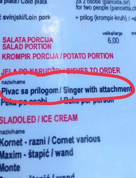Pevač pivac sa prilogom Hrvatska restoran meni