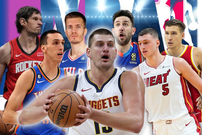 Srpski igrači NBA Nikola Jokić Bogdan Bogdanović Nikola Jović Boban Marjanović Vasilije Micić Aleksej Pokuševski Filip Petrušev