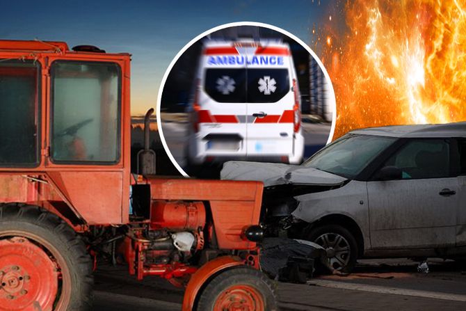 Traktor saobraćajna nesreća auto kola hitna pomoć požar gori