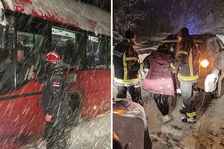 Sneg vatrogasci spasioci iz zavejanog autobusa na putnom pravcu Vranje - Kriva Feja, Sokolovac, evakuisali građane