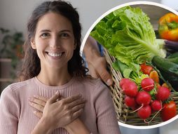 Žena srce povrće korpa zdrava hrana