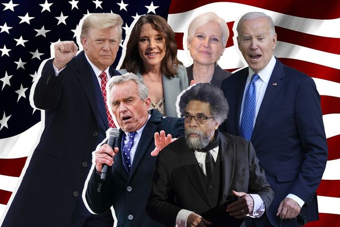 Predsednički kandidati Donald Tramp, Džo Bajden, Merijen Vilijamson, Džil Stajn, Robert F. Kenedi Džunior i Kornel Vest Predsednički kandidati Donald Tramp, Džo Bajden, Merijen Vilijamson, Džil Stajn, Robert F. Kenedi Džunior i Kornel Vest