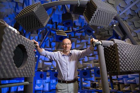 Distinguished Professof of Hearing, David McAlpine, in the Macquarie University anechoic chamber