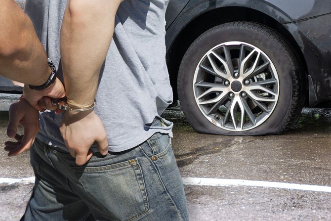 sečenje isečena bušena bušna guma na automobilu hapšenje lisice sečenje isečena bušena bušna guma na automobilu hapšenje lisice