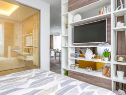 televizor, spavaća soba, soba, enterijer, dekor