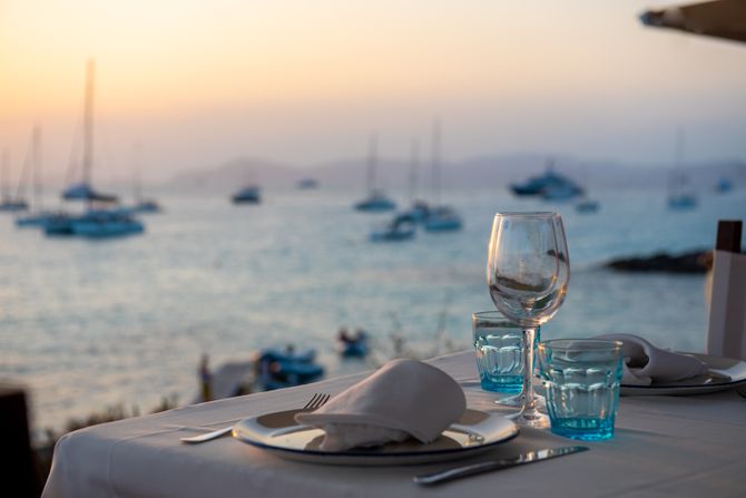 Kafana, taverna, restoran, hrana, obala, more, ručak