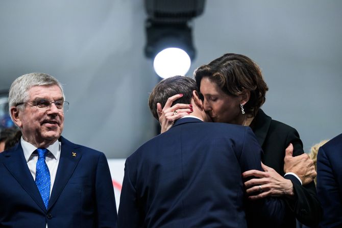 Thomas Bach,  Emmanuel Macron, Amélie Oudéa-Castéra, Paris 2024 Olympics