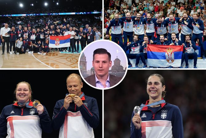 Košarkaši, vaterpolisti, Zorana Arunović,  Damir Mikec i Aleksandra Perišić i voditelj Tv Prve Košarkaši, vaterpolisti, Zorana Arunović,  Damir Mikec i Aleksandra Perišić i voditelj Tv Prve
