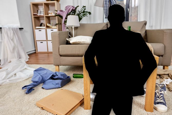 Prljava, neuredna soba, stan, silueta muškarca Prljava, neuredna soba, stan, silueta muškarca
