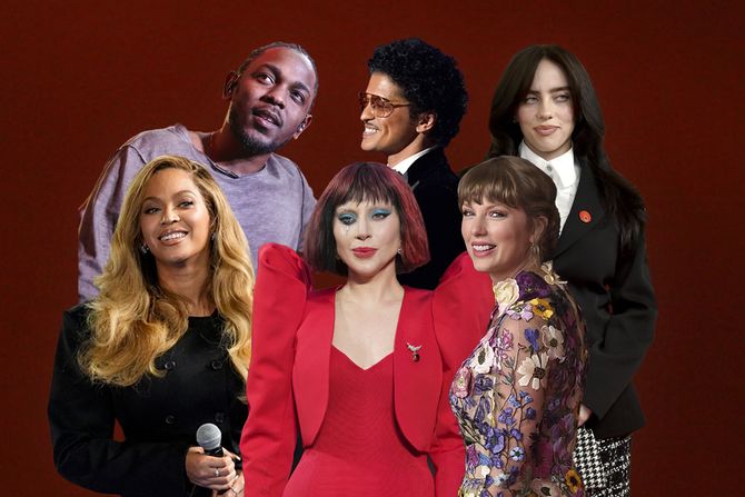 Bijonse, Lejdi Gaga, Tejlor Svift, Kendrik Lamar, Bruno Mars, Bili Ajliš Bijonse, Lejdi Gaga, Tejlor Svift, Kendrik Lamar, Bruno Mars, Bili Ajliš