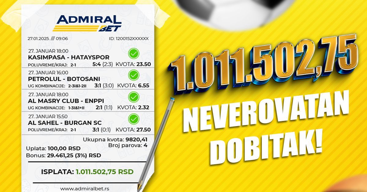 NEVEROVATAN DOBITAK U ADMIRALBETU: Kvota 9.820 za više od milion dinara!