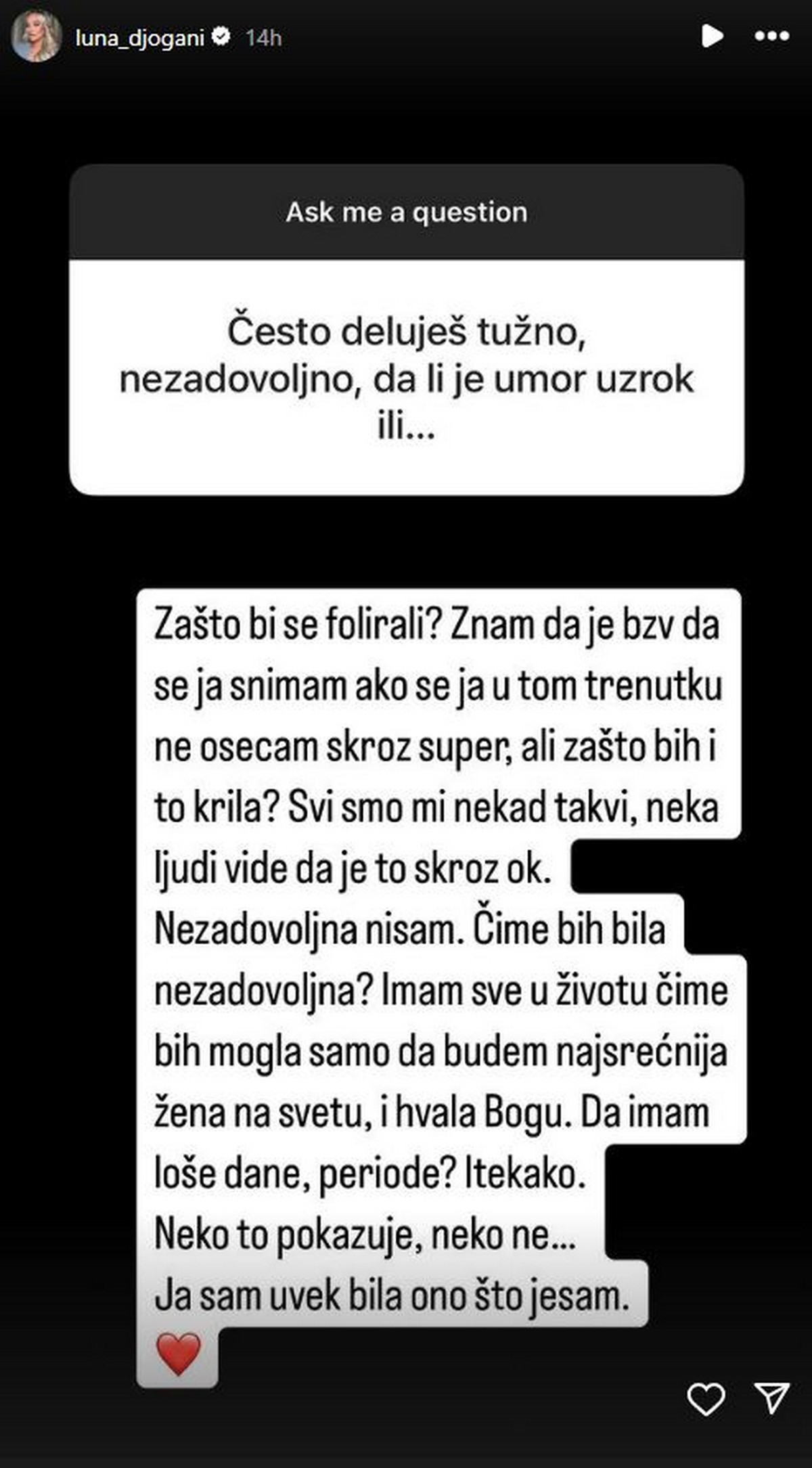 "Zašto bi se folirali? Zašto bih krila?" Luna Đogani prvi put progovorila o ovome, godinama je ćutala...