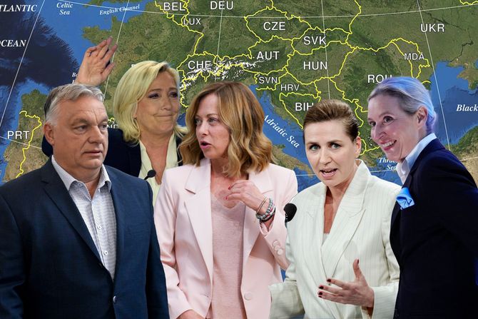 Đorđa Meloni, Marin le Pen, Alis Vajdel, Viktor Orban, Mete Frendriksen