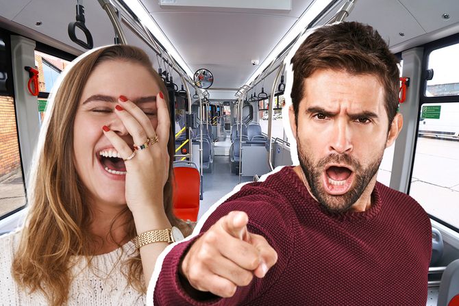 Autobus, srećna devojka, ljut muškarac