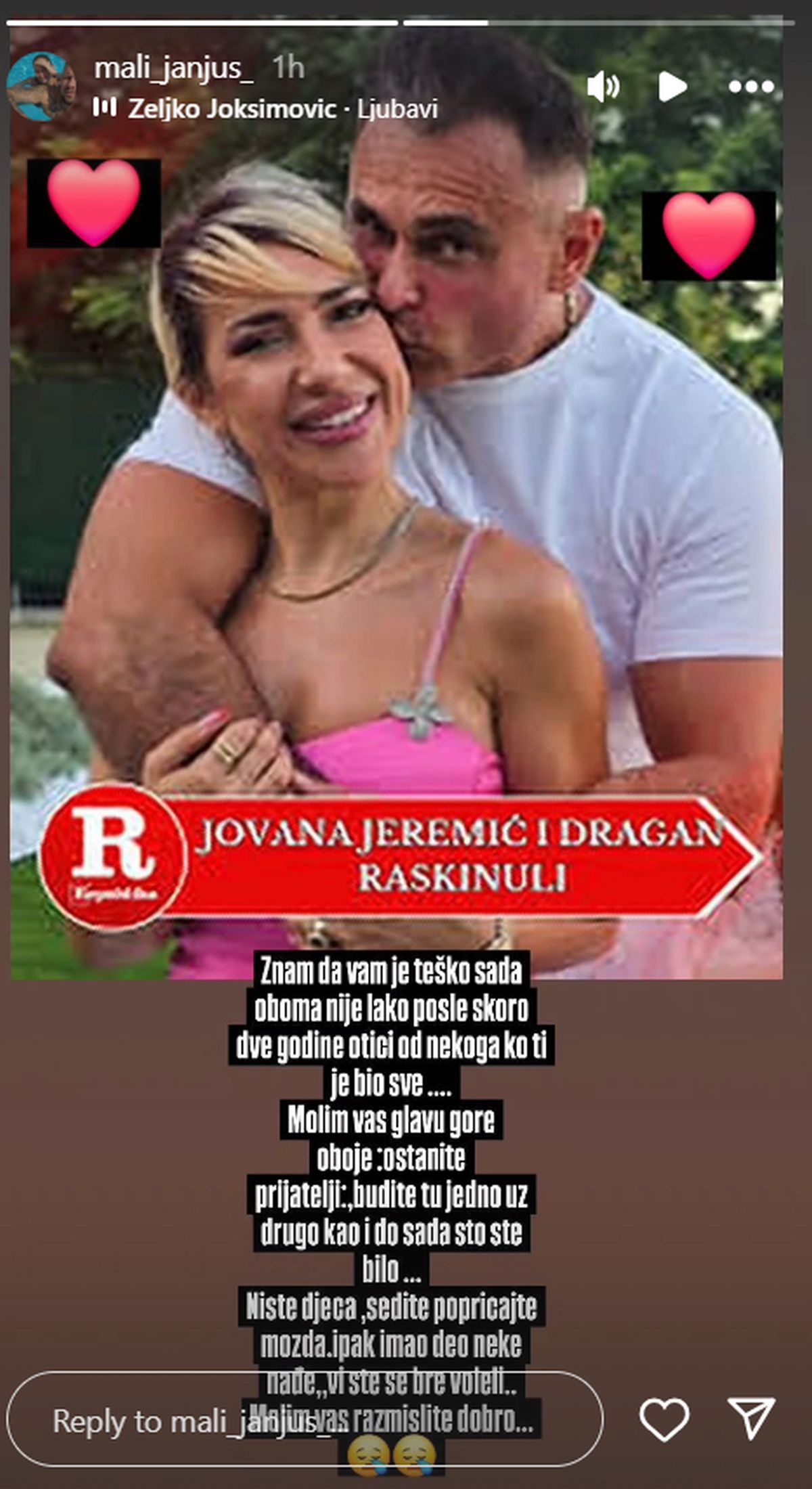 Oglasio se Janjuš zbog raskida Jovane i Dragana: Bivši zadrugar je poručio voditeljki ovo "Molim vas..."