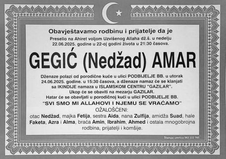 Amar Gegić umrlica