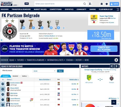 FK Partizan, Transfermarkt FK Partizan, Transfermarkt