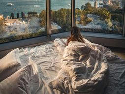 posteljina, krevet, pogled