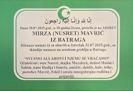 Mirza Mavrić, ubistvo, Novi Pazar, Umrlica Mirza Mavrić, ubistvo, Novi Pazar, Umrlica
