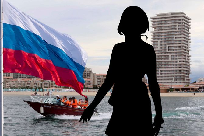 Severna Koreja Wonsan Kalma, ruska zastava, devojka Severna Koreja Wonsan Kalma, ruska zastava, devojka