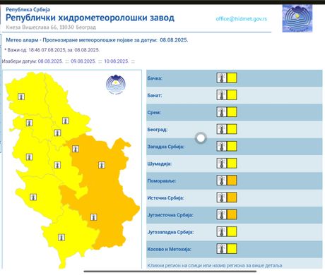Rhmz upozorenja, 08.08.2025. Rhmz upozorenja, 08.08.2025.