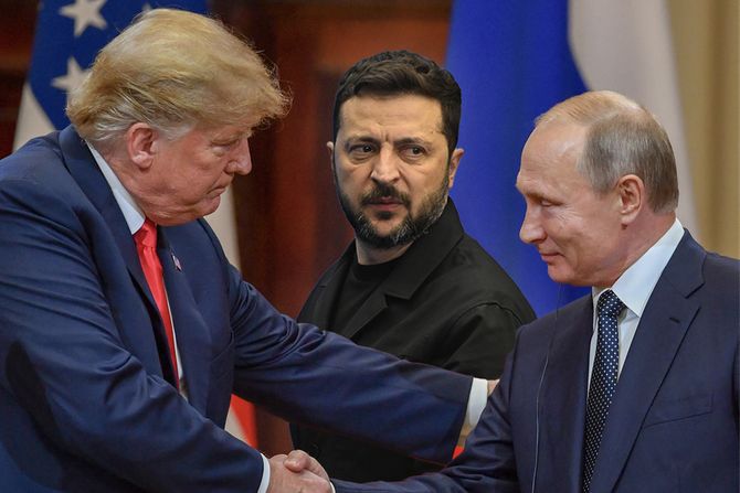 Donald Tramp,  Vladimir Putin i  Volodimir Zelenski