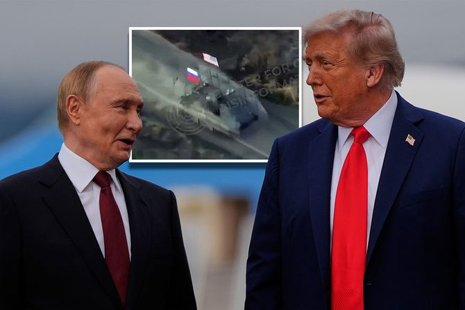 Vladimir Putin, Donald Tramp, Aljaska, oklopno vozilo, zastave, rusija, sad Vladimir Putin, Donald Tramp, Aljaska, oklopno vozilo, zastave, rusija, sad