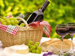 sir, crveno vino, piknik, grožđe