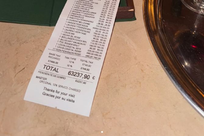 Račun iz restorana od 63.000 evra Račun iz restorana od 63.000 evra