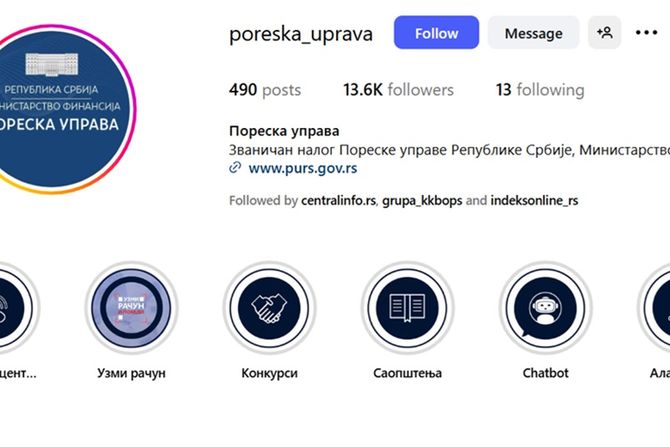 Poreska uprava Srbije, Instagram nalog