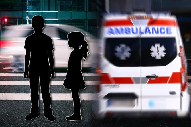 Pešački prelaz auto hitna pomoć, decak, devojcica, dete