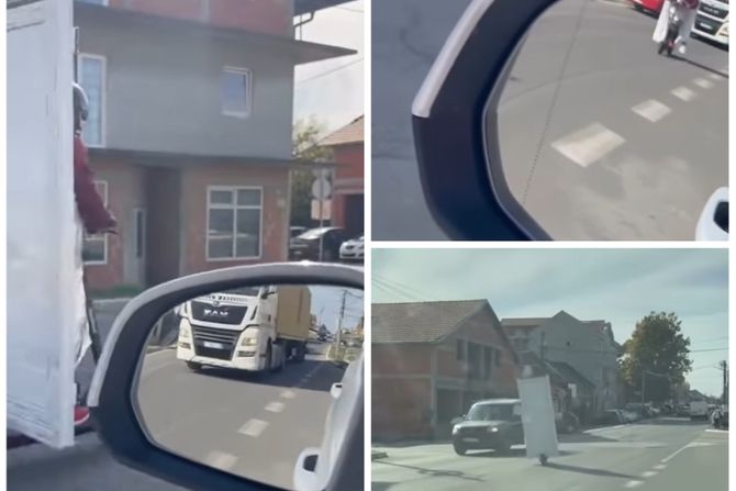 Osoba u Srbiji prevozi vrata na električnom trotinetu
