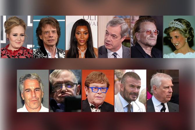 Džefri Epstajn, Princ Endru, Mik Džeger, Dejvid Bekam, Naomi kembel, Adel, Stiven Hoking, Najdžel faraž, princeza Dajana, Bono Vox, Elton Džon