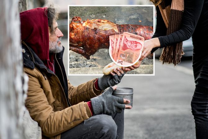 Beskućnik, devojka pomaže, pečenje, pare