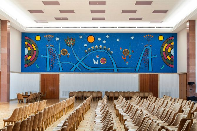 Svečano – Putevi Jugoslavije, 1969-1977, zidno slikarstvo, 525x1875, Palata Srbija, foto Marko Ercegović