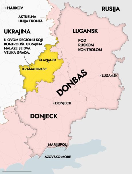 Mapa spornih teritorija u Ukrajini Donbas