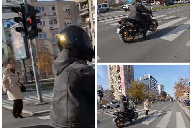 Starija gospođa, semafor, pešački prelaz, motociklisti, "Pazi, imaš babu"
