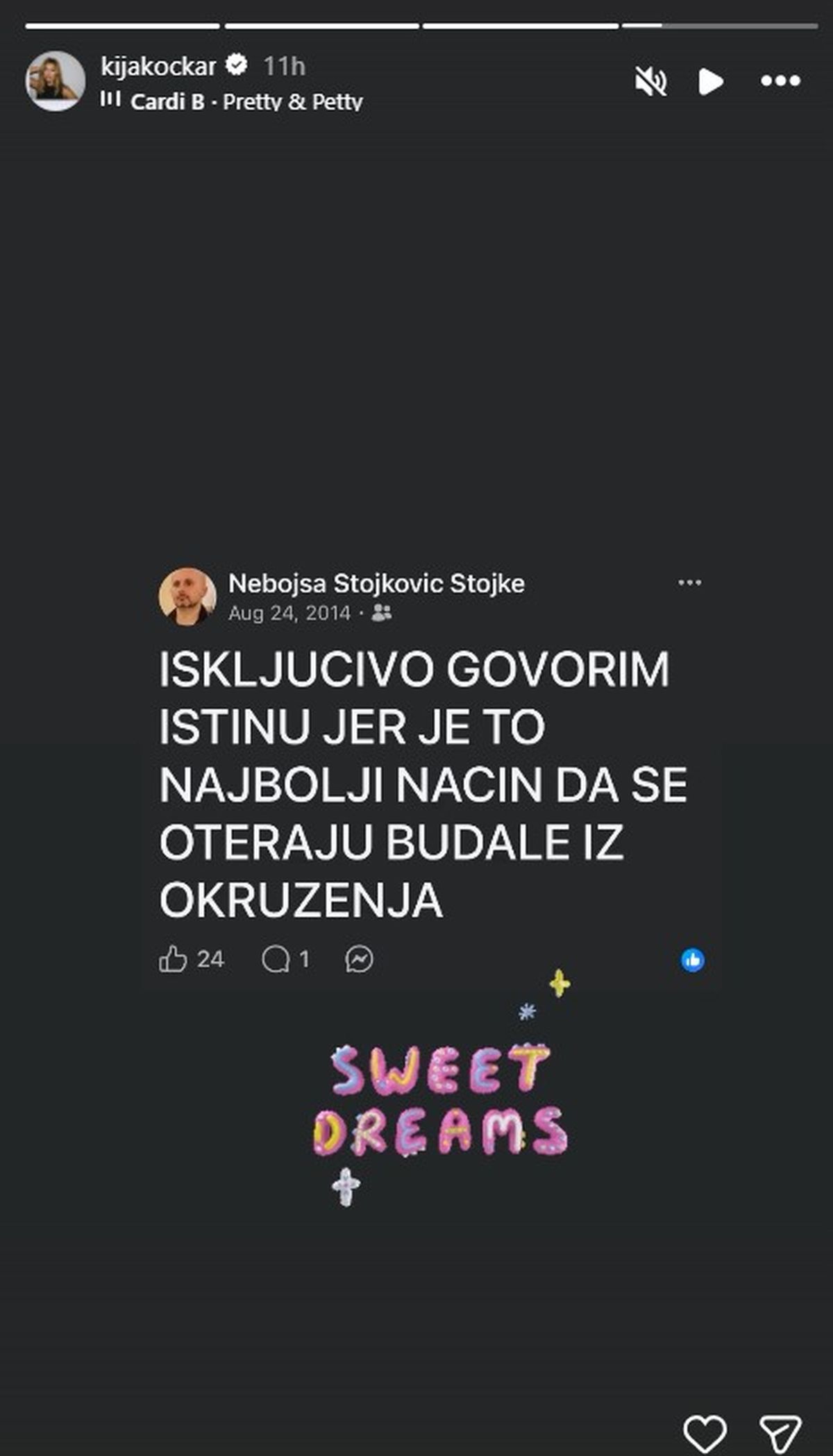 Kija objavilu Stojketovu poruku iz 2014. godine i poslala Katarini jasnu poruku: "Slatki snovi..."