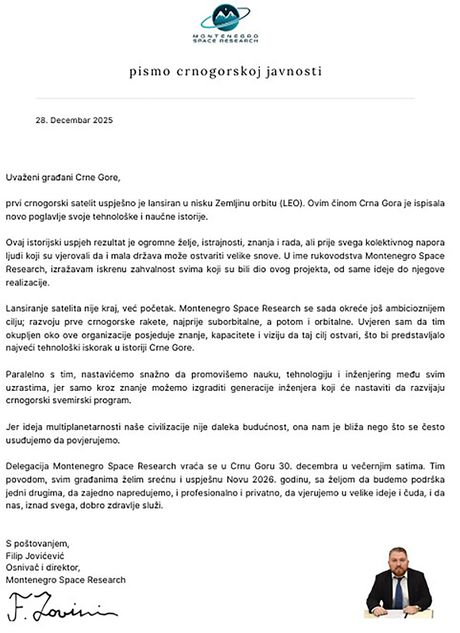 Montenegro Space Research pismo