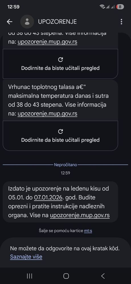 SMS upozorenje građanima na obilne snežne padavine