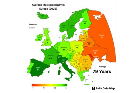 Mapa prosecan vek zivljenja Evropa