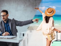 poslodavac koji kao preti a iza njega poslovno okruženje, i žena koja je na odmoru