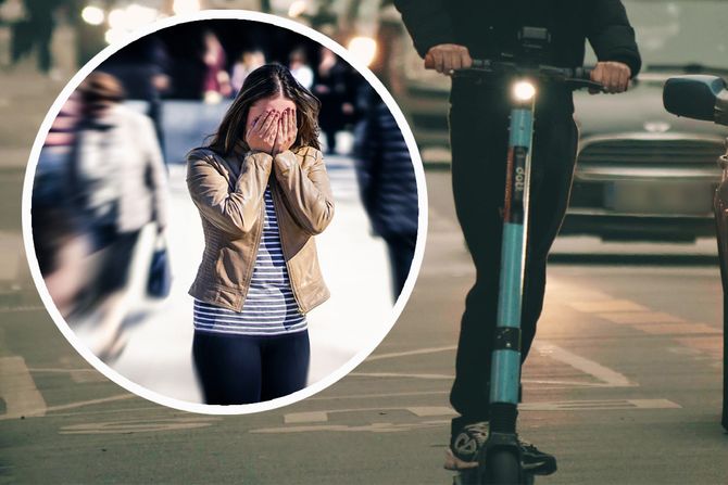 Elektični skuter, uplašena devojka, pešaci