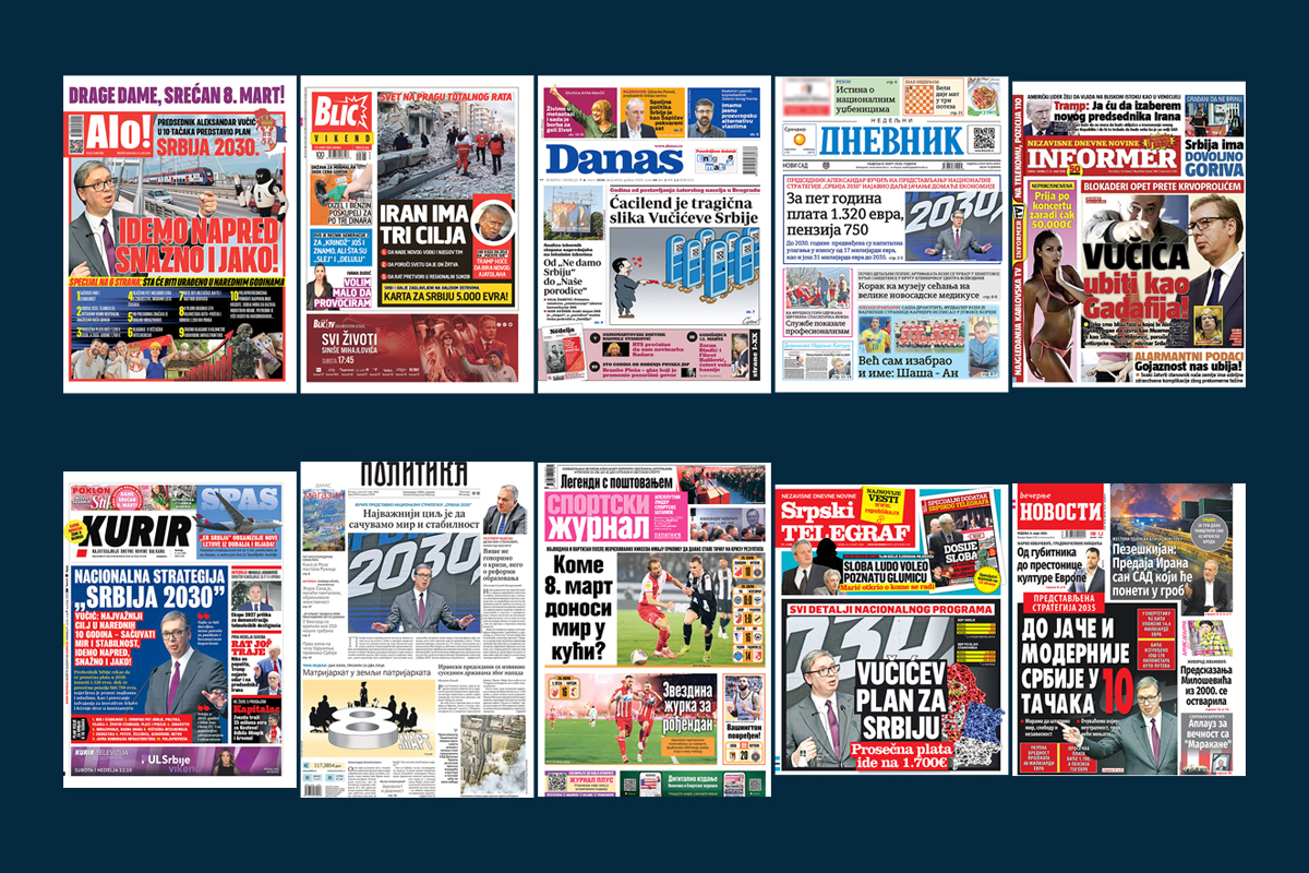 NASLOVNE STRANE SUTRAŠNJIH NOVINA: Prelistavanje štampe za nedelju, 8. mart 2026. godine