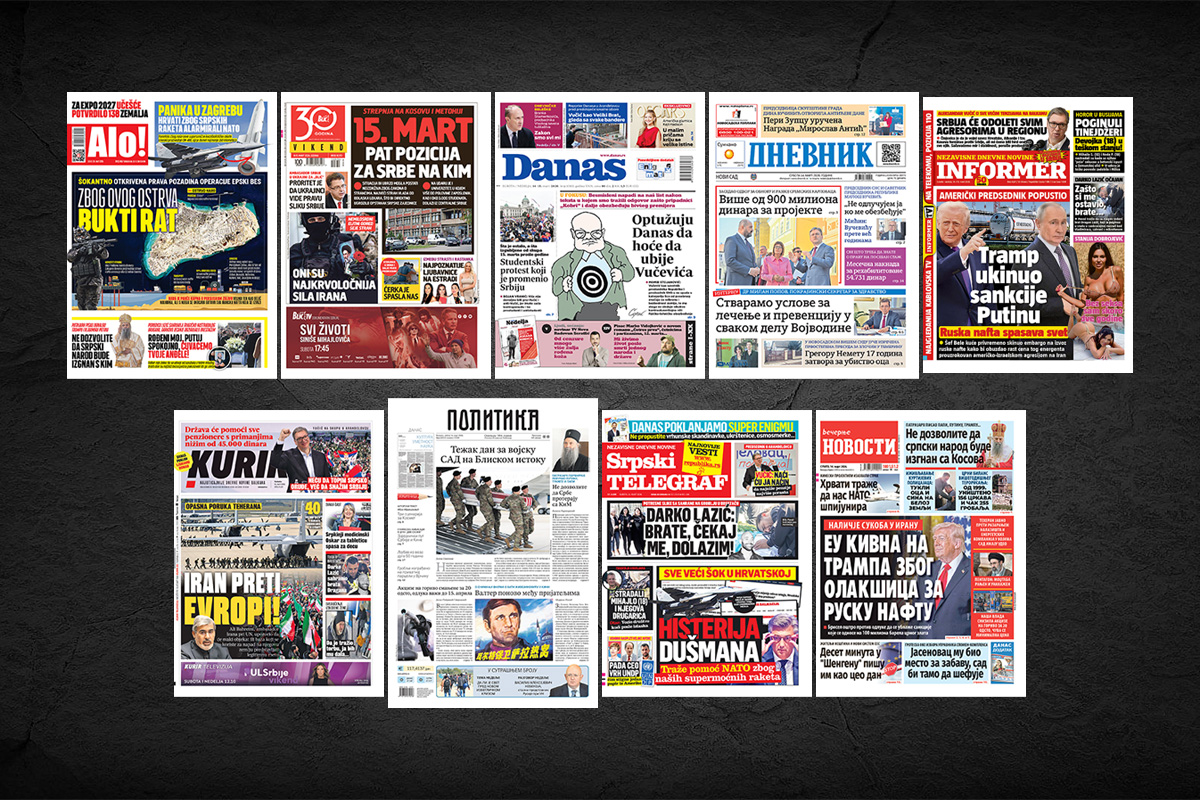 NASLOVNE STRANE SUTRAŠNJIH NOVINA: Prelistavanje štampe za subotu, 14. mart 2026. godine