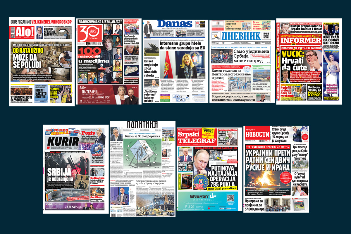 NASLOVNE STRANE SUTRAŠNJIH NOVINA: Prelistavanje štampe za ponedeljak, 16. mart 2026. godine