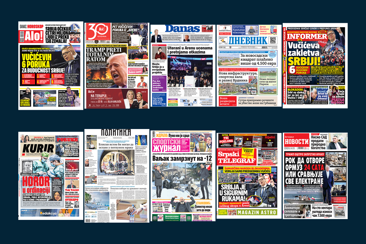 NASLOVNE STRANE SUTRAŠNJIH NOVINA: Prelistavanje štampe za ponedeljak, 23. mart 2026. godine