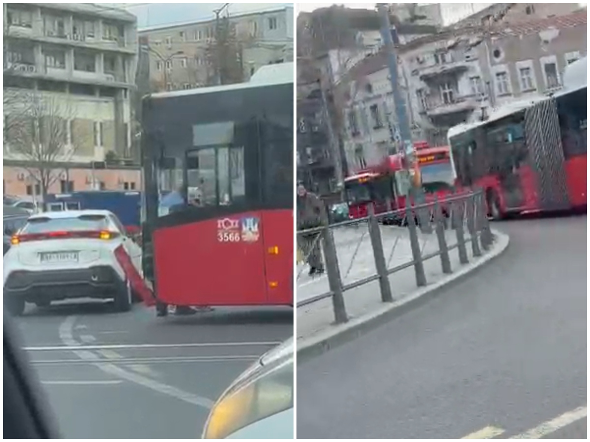 Sudar u kružnom toku na Slaviji: Odvaljen ceo prednji deo gradskog autobusa, stvorila se kolona